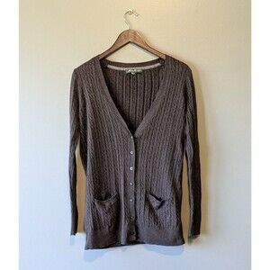 Eddie Bauer Cardigan Sweater Womens XS Brown Cable Knit Cotton Button Up Pocket